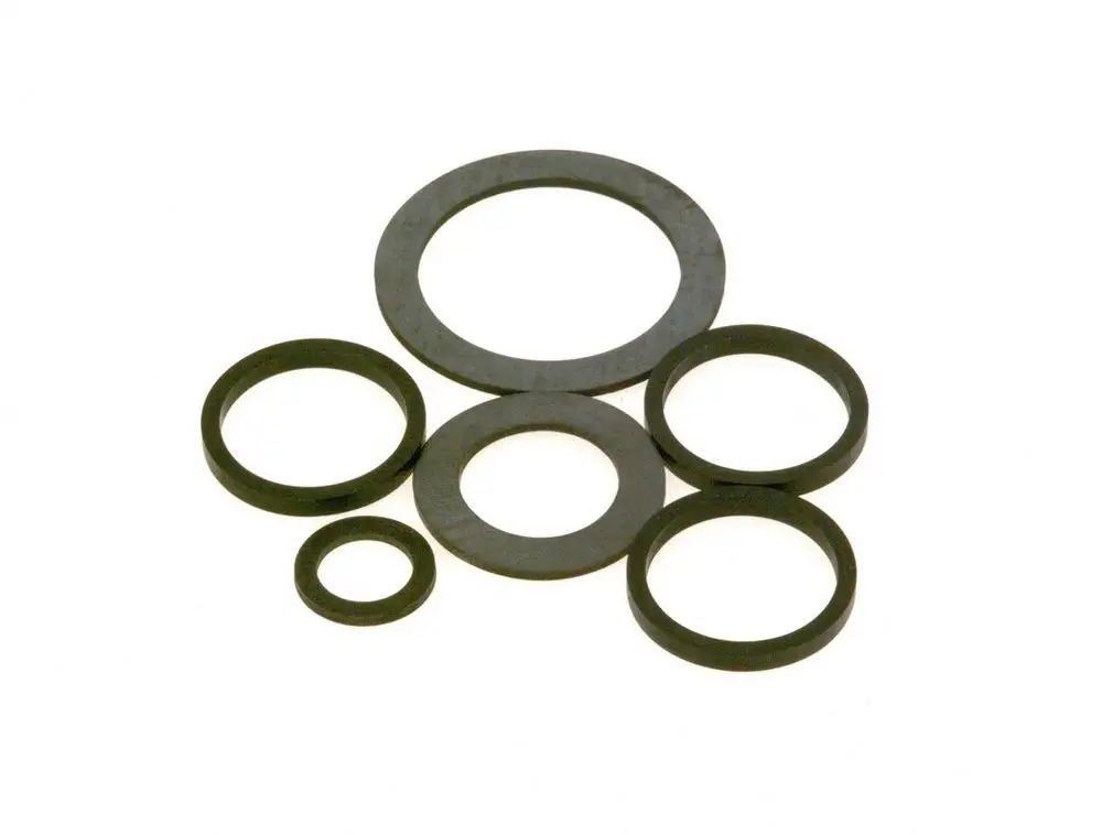 Dichtungsringe von Bosch in verschiedenen Größen, angeordnet in einer Mischung aus großen und kleinen Ringen, aus schwarzem Material.